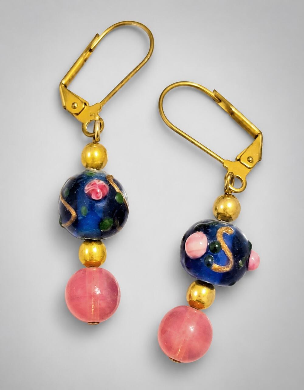 Vintage Pierced Dangle Earrings, Wedding Cake Beads, Blue Pink bp-88